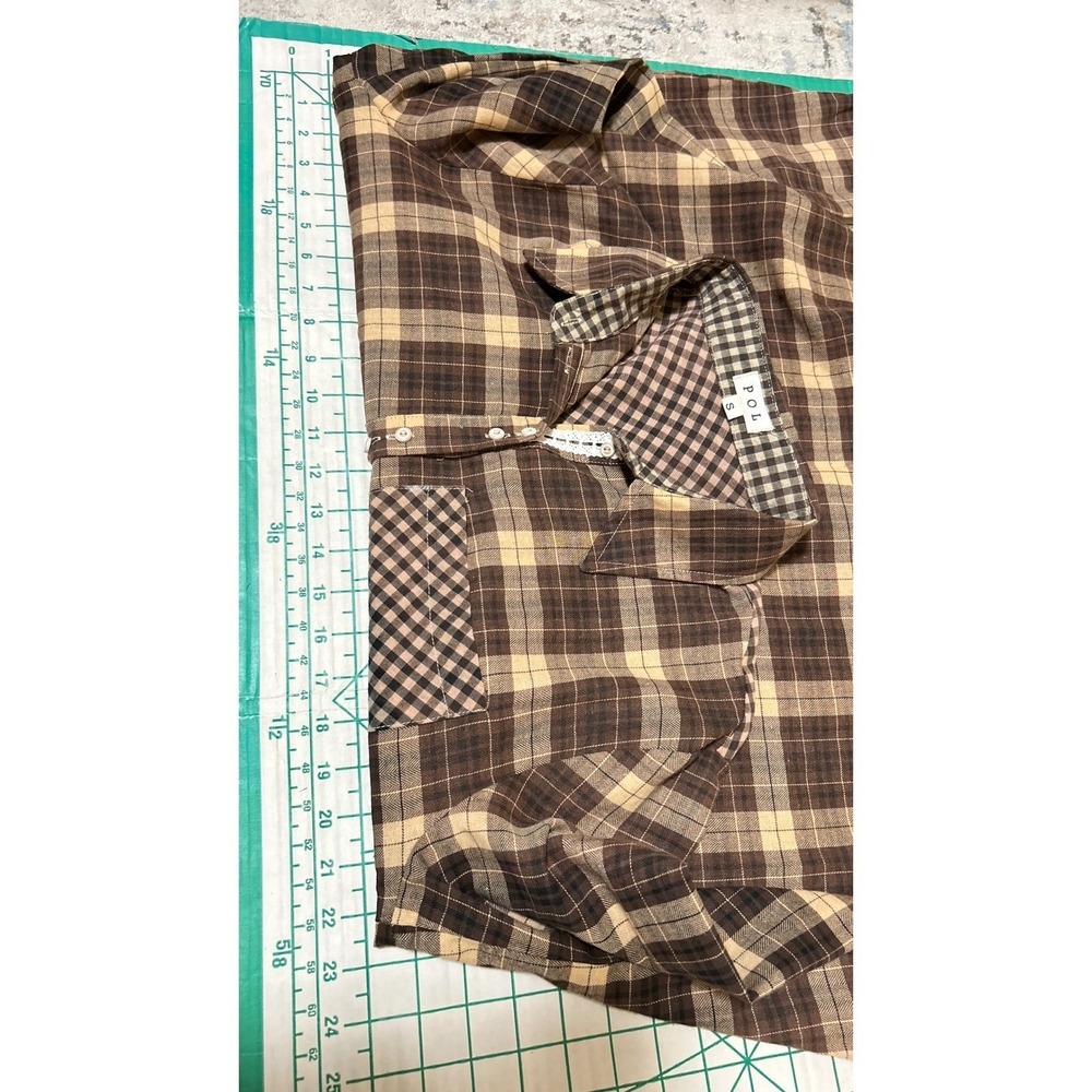POL Brown Plaid Lace Trim Button Down Shirt RCT978 Mixed Pattern Womens Small - Picture 5 of 9